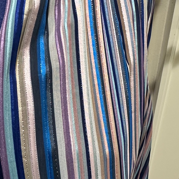 White House Black Market Navy and Warm Tones Gold Striped Halter Dress - Picture 4 of 15